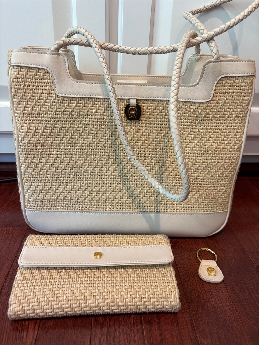 3 pc lot Atienne Agner Vintage straw  Handbag purse wallet keychain